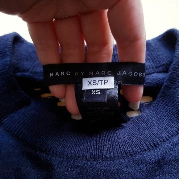 Marc Jacobs Navy Blue Wool Perforated Holes 3/4 Sleeve Knit Top Sweater - XS/S - Picture 4 of 6